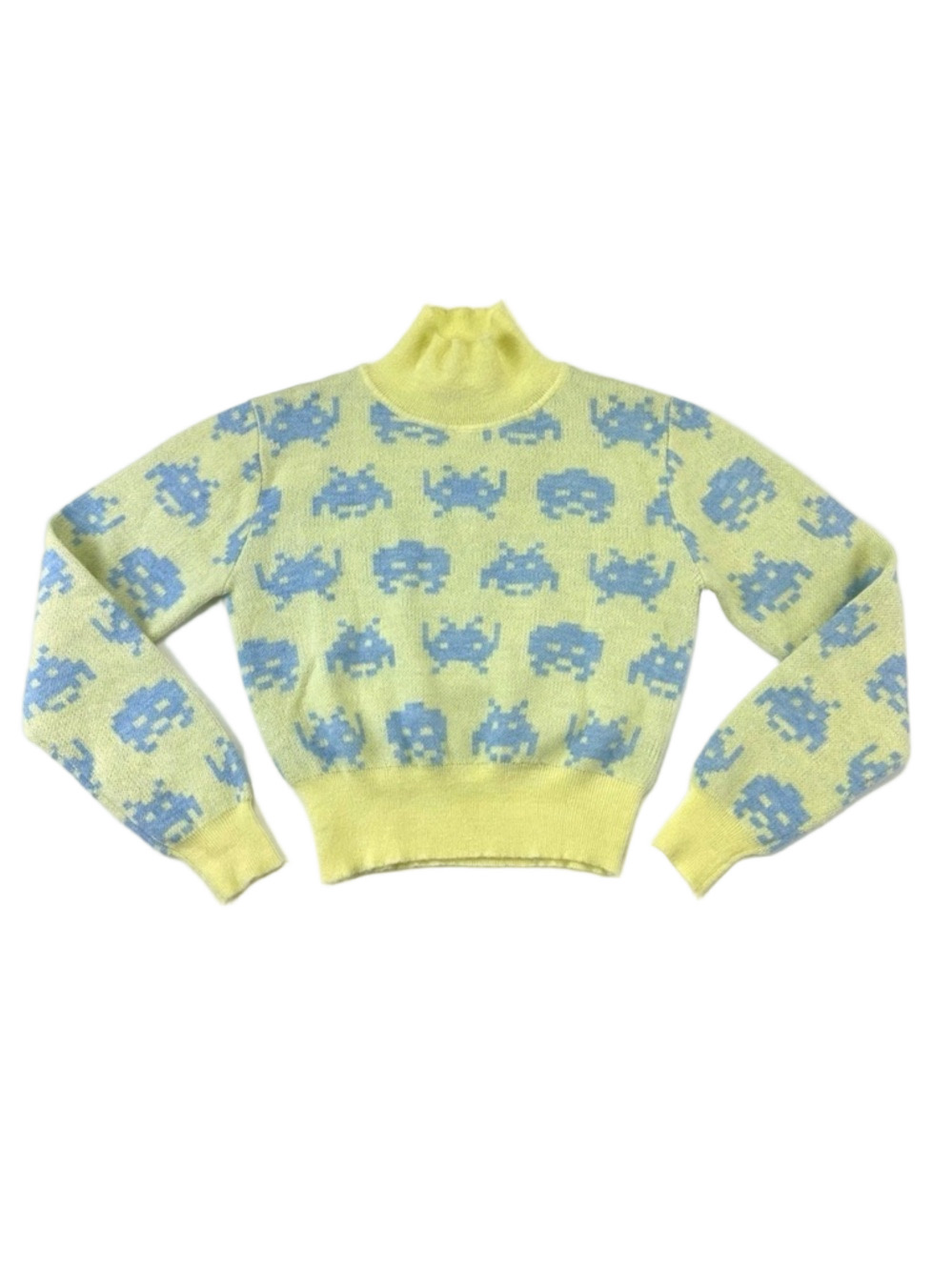 Zara Space Invaders crop yellow soft blue turleneck sweater Medium Pastel Retro